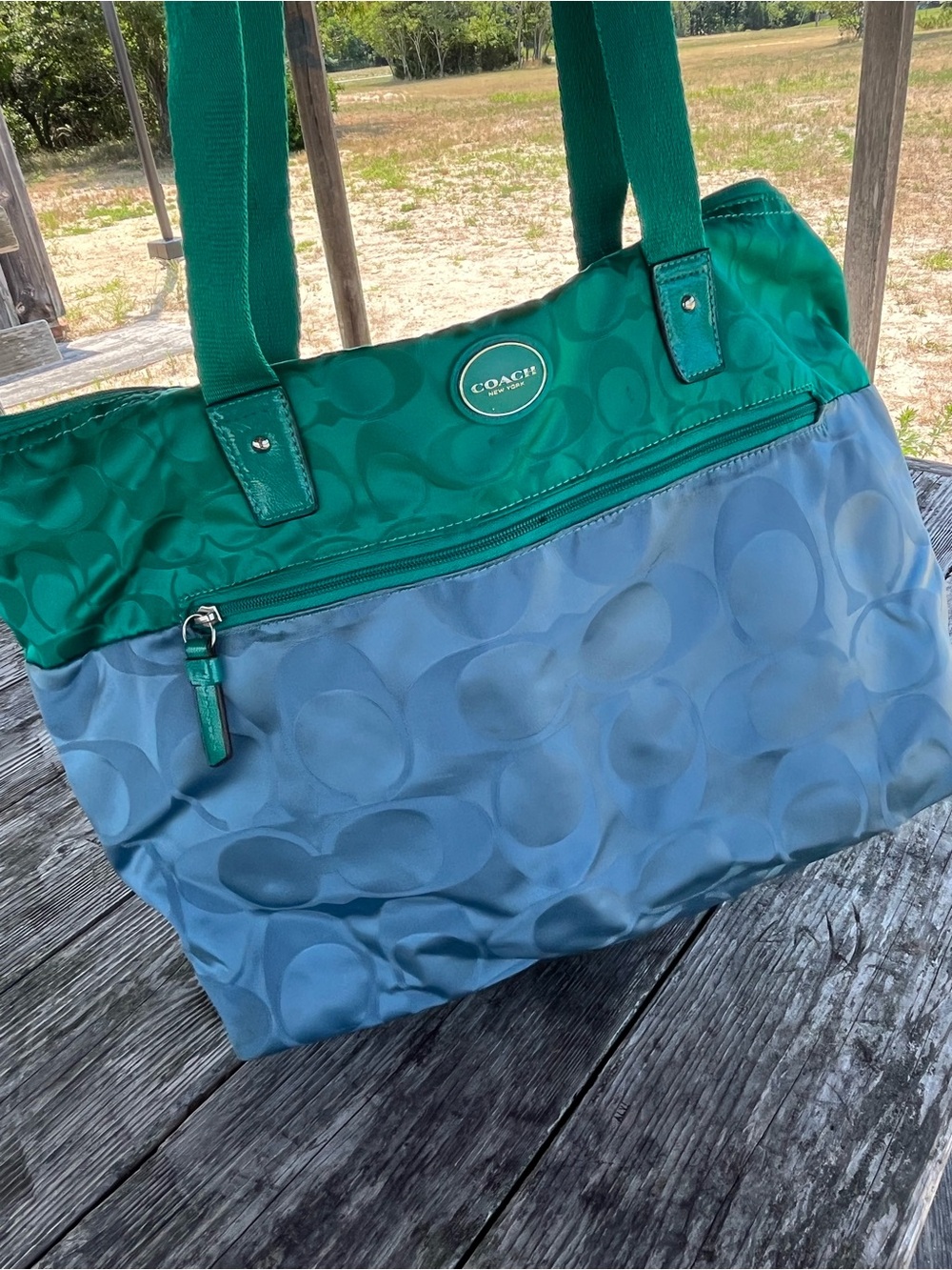Coach Green and Blue Signature Tote Bag clean inside/ weekender bag - Picture 13 of 13